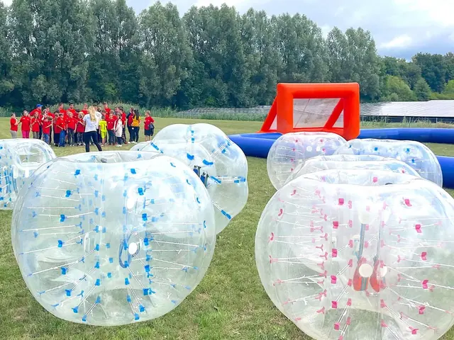Aufblasbare Bubble-Soccer-Arena und Bubbles auf der Wiese beim Firmen-Sommerfest