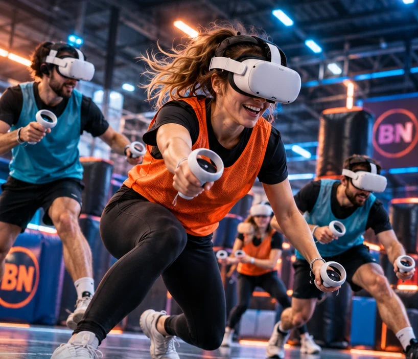 Spieler mit VR-Brille und Controller in der VR Arena